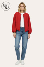 Oversized Zip-Up Casual Bomber Jacket in Red