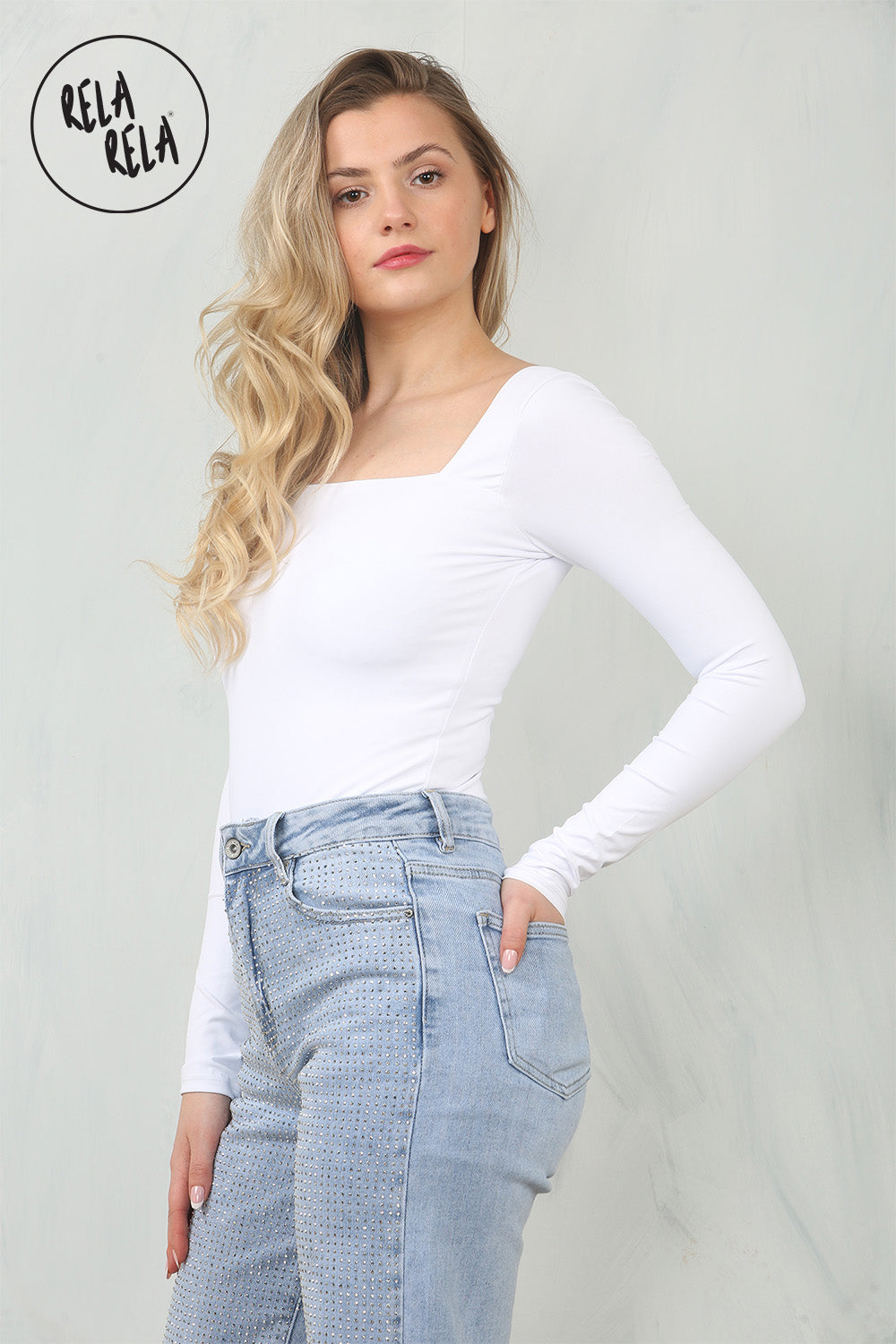 Premium Figure Hugging Fits Everybody Long Sleeve Square Neck Stretch Woven Double Layered Bodysuit in White