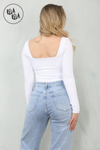 Premium Figure Hugging Fits Everybody Long Sleeve Square Neck Stretch Woven Double Layered Bodysuit in White