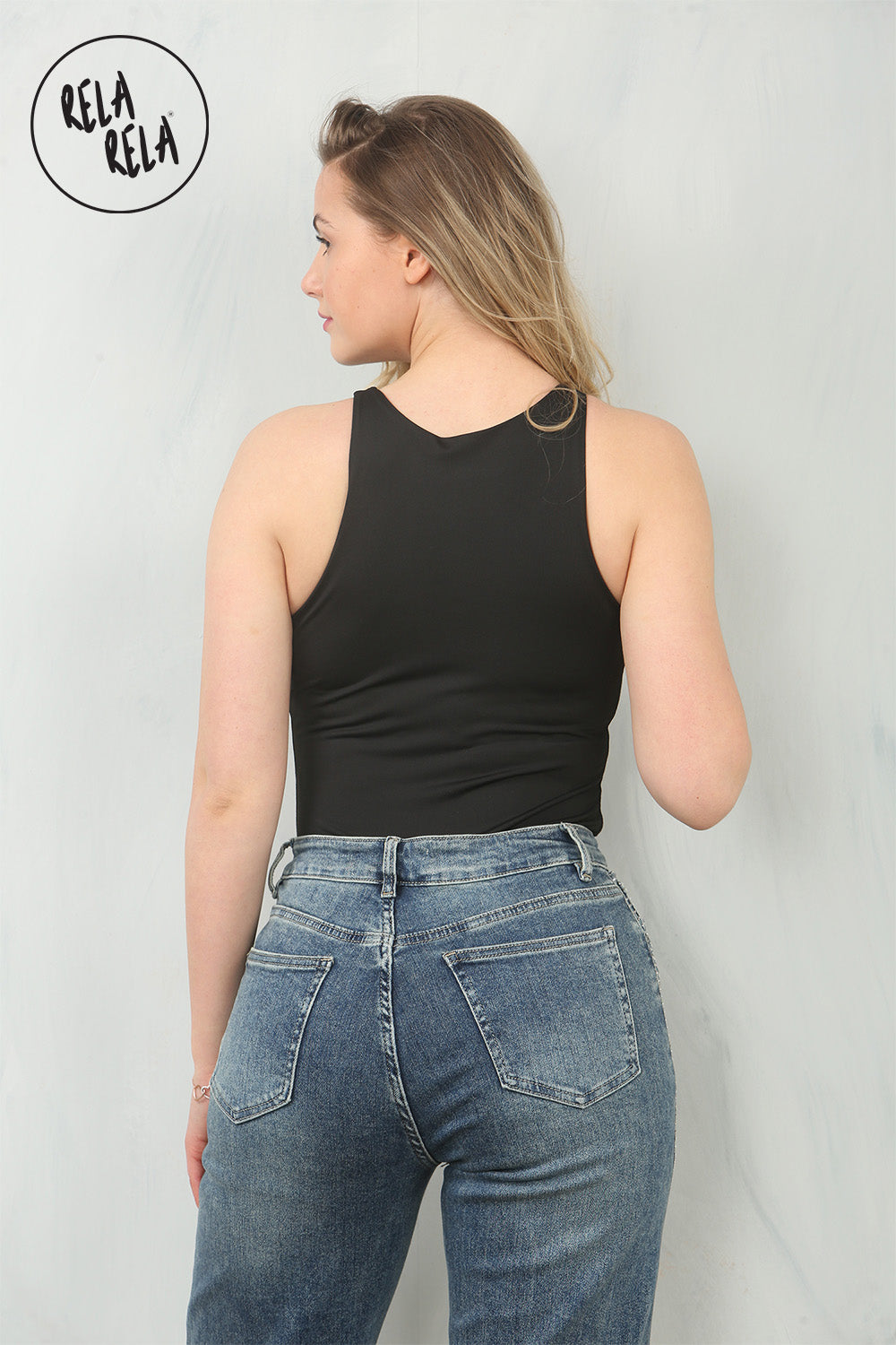 Premium Figure Hugging Fits Everybody Sleeveless High Neck Stretch Woven Double Layered Bodysuit in Black
