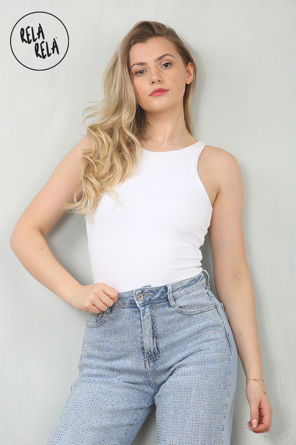 Premium Figure Hugging Fits Everybody Sleeveless High Neck Stretch Woven Double Layered Bodysuit in White