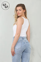 Premium Figure Hugging Fits Everybody Sleeveless High Neck Stretch Woven Double Layered Bodysuit in White