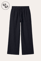 High Waisted Drawstring Wide Leg Linen Trousers in Black