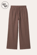 High Waisted Drawstring Wide Leg Linen Trousers in Brown