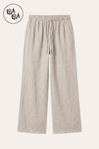 High Waisted Drawstring Wide Leg Linen Trousers in Cream