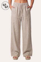 High Waisted Drawstring Wide Leg Linen Trousers in Cream