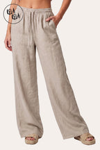 High Waisted Drawstring Wide Leg Linen Trousers in Cream