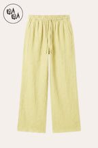 High Waisted Drawstring Wide Leg Linen Trousers in Yellow