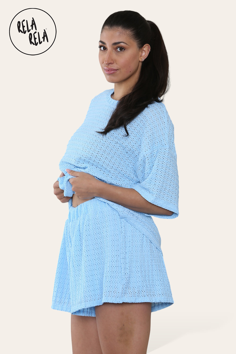 Oversized Crochet T-Shirt & Shorts Co-Ord Set in Baby Blue