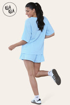 Oversized Crochet T-Shirt & Shorts Co-Ord Set in Baby Blue
