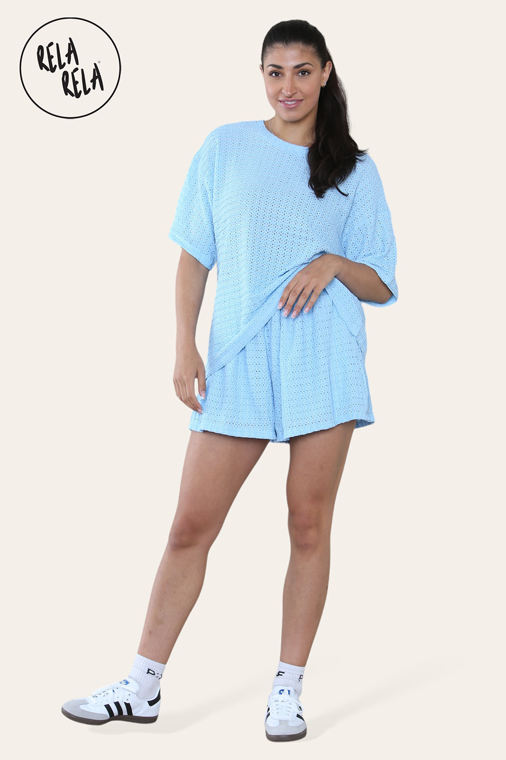 Oversized Crochet T-Shirt & Shorts Co-Ord Set in Baby Blue