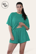 Oversized Crochet T-Shirt & Shorts Co-Ord Set in Emerald Green