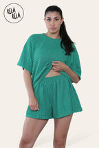 Oversized Crochet T-Shirt & Shorts Co-Ord Set in Emerald Green