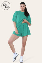 Oversized Crochet T-Shirt & Shorts Co-Ord Set in Emerald Green