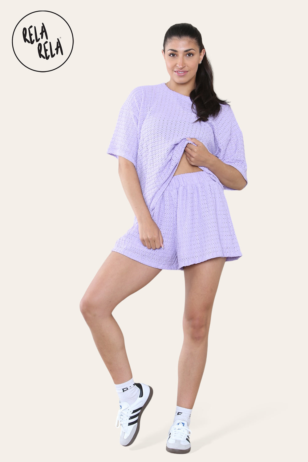 Oversized Crochet T-Shirt & Shorts Co-Ord Set in Lilac