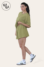 Oversized Crochet T-Shirt & Shorts Co-Ord Set in Olive Green