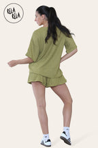 Oversized Crochet T-Shirt & Shorts Co-Ord Set in Olive Green