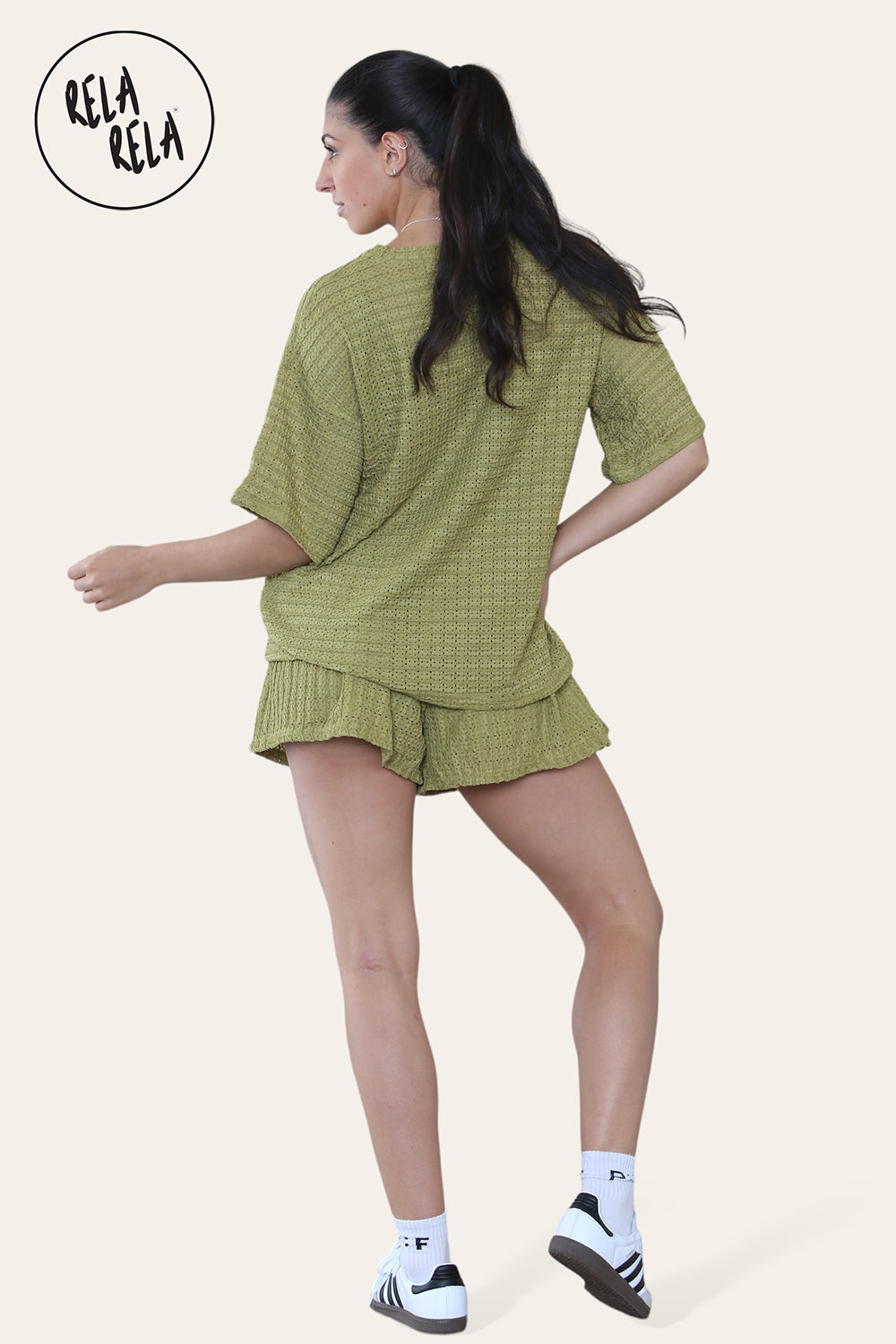 Oversized Crochet T-Shirt & Shorts Co-Ord Set in Olive Green