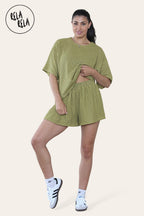 Oversized Crochet T-Shirt & Shorts Co-Ord Set in Olive Green