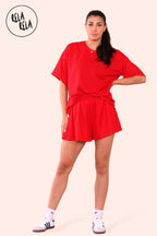 Oversized Crochet T-Shirt & Shorts Co-Ord Set in Red