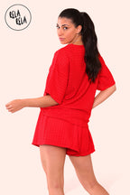 Oversized Crochet T-Shirt & Shorts Co-Ord Set in Red