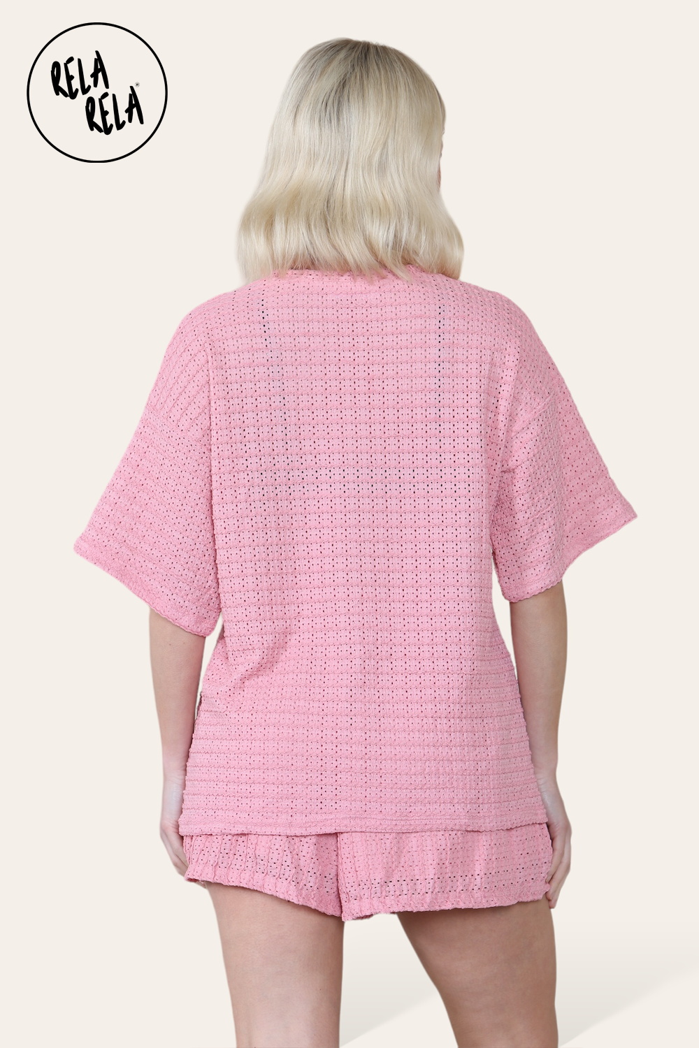 Oversized Crochet T-Shirt & Shorts Co-Ord Set in Pink