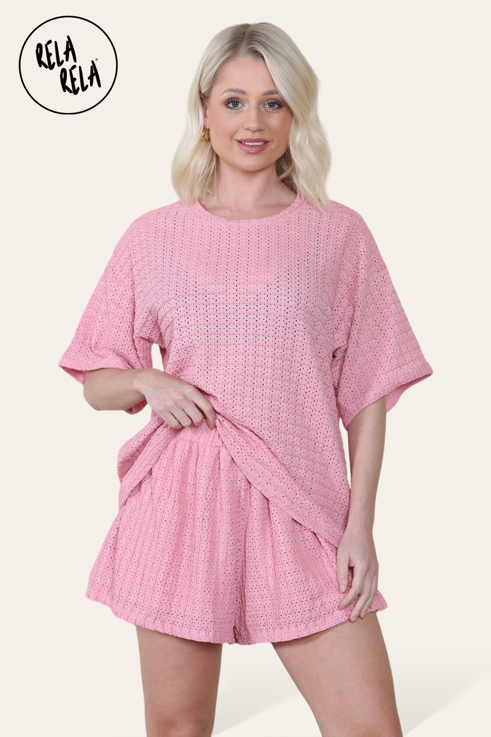 Oversized Crochet T-Shirt & Shorts Co-Ord Set in Pink