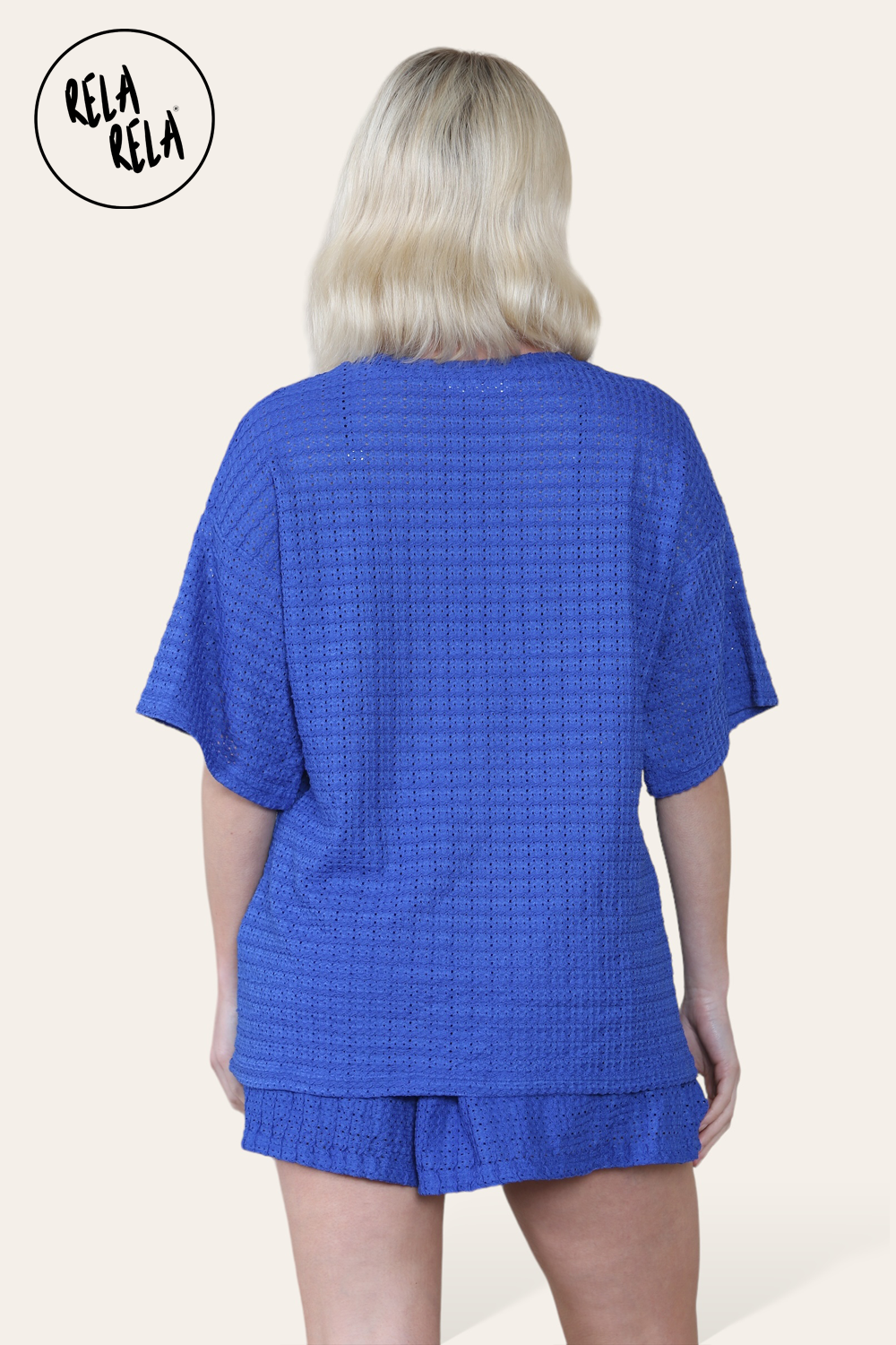 Oversized Crochet T-Shirt & Shorts Co-Ord Set in Royal Blue