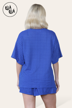 Oversized Crochet T-Shirt & Shorts Co-Ord Set in Royal Blue