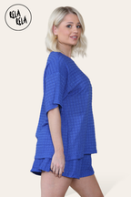Oversized Crochet T-Shirt & Shorts Co-Ord Set in Royal Blue