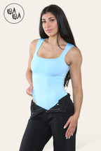 Premium Slinky Double Layered Square Neck Brazilian Bodysuit in Baby Blue
