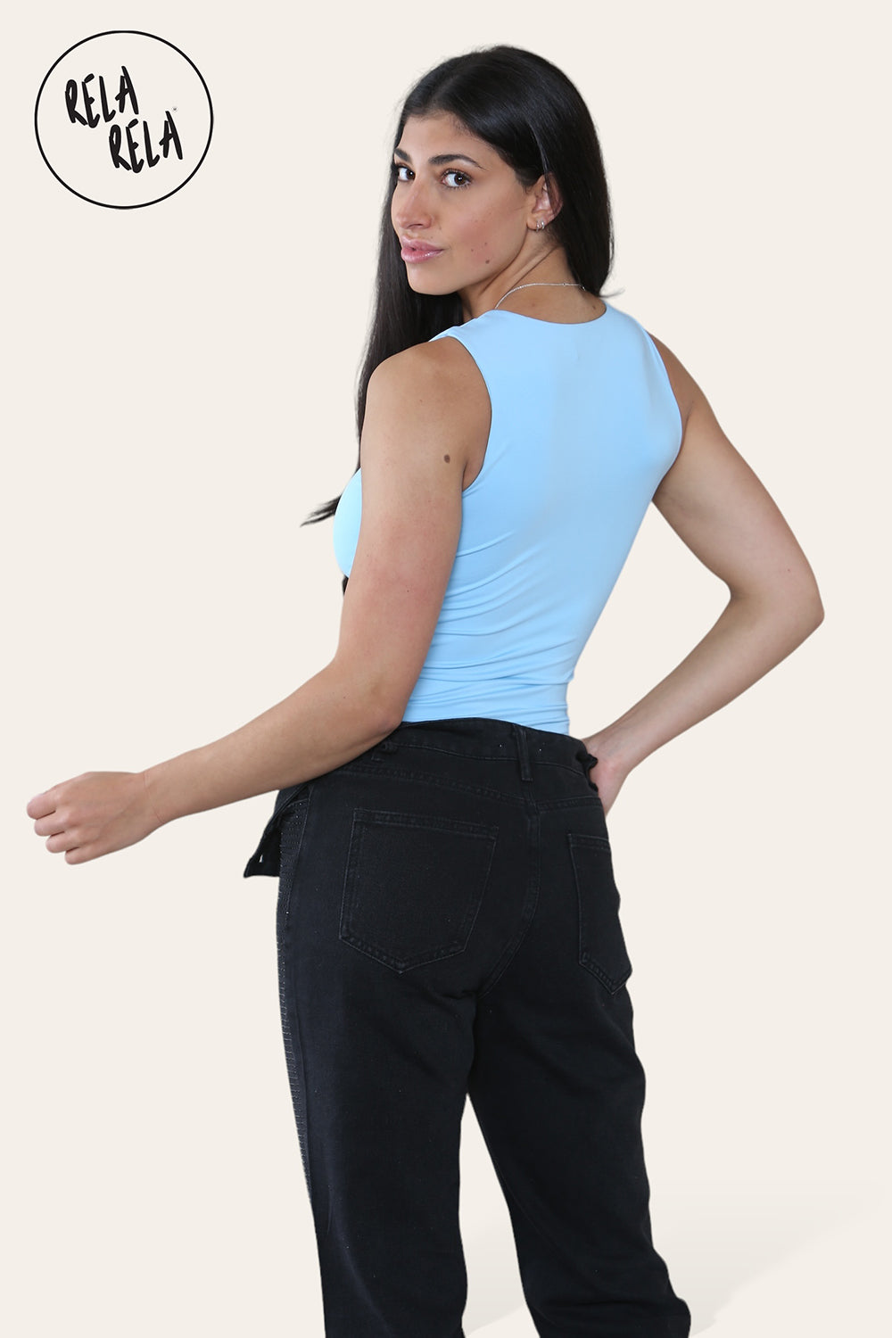 Premium Slinky Double Layered Square Neck Brazilian Bodysuit in Baby Blue