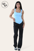 Premium Slinky Double Layered Square Neck Brazilian Bodysuit in Baby Blue