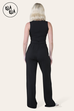 Solid Ribbed High Neck Wide Leg Sleeveless Jumpsuit in Black