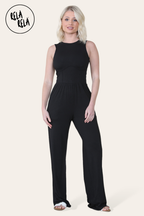Solid Ribbed High Neck Wide Leg Sleeveless Jumpsuit in Black