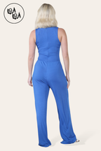 Solid Ribbed High Neck Wide Leg Sleeveless Jumpsuit in Royal Blue