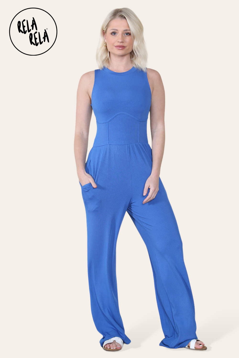 Solid Ribbed High Neck Wide Leg Sleeveless Jumpsuit in Royal Blue