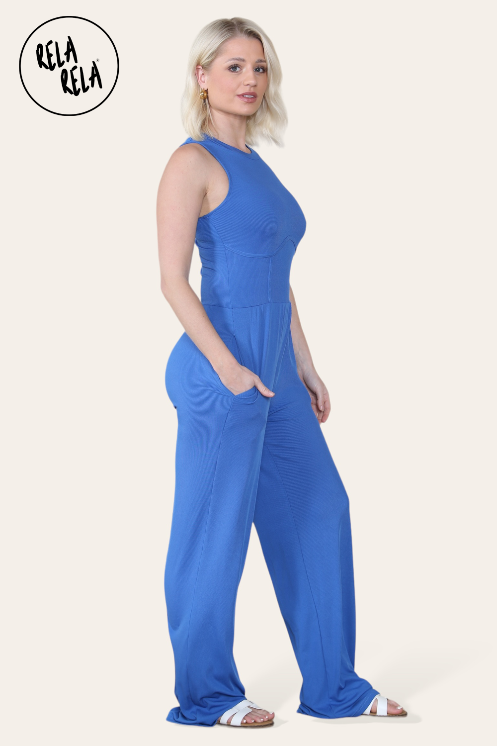 Solid Ribbed High Neck Wide Leg Sleeveless Jumpsuit in Royal Blue