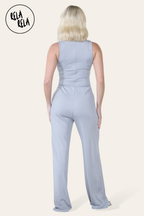 Solid Ribbed High Neck Wide Leg Sleeveless Jumpsuit in Grey