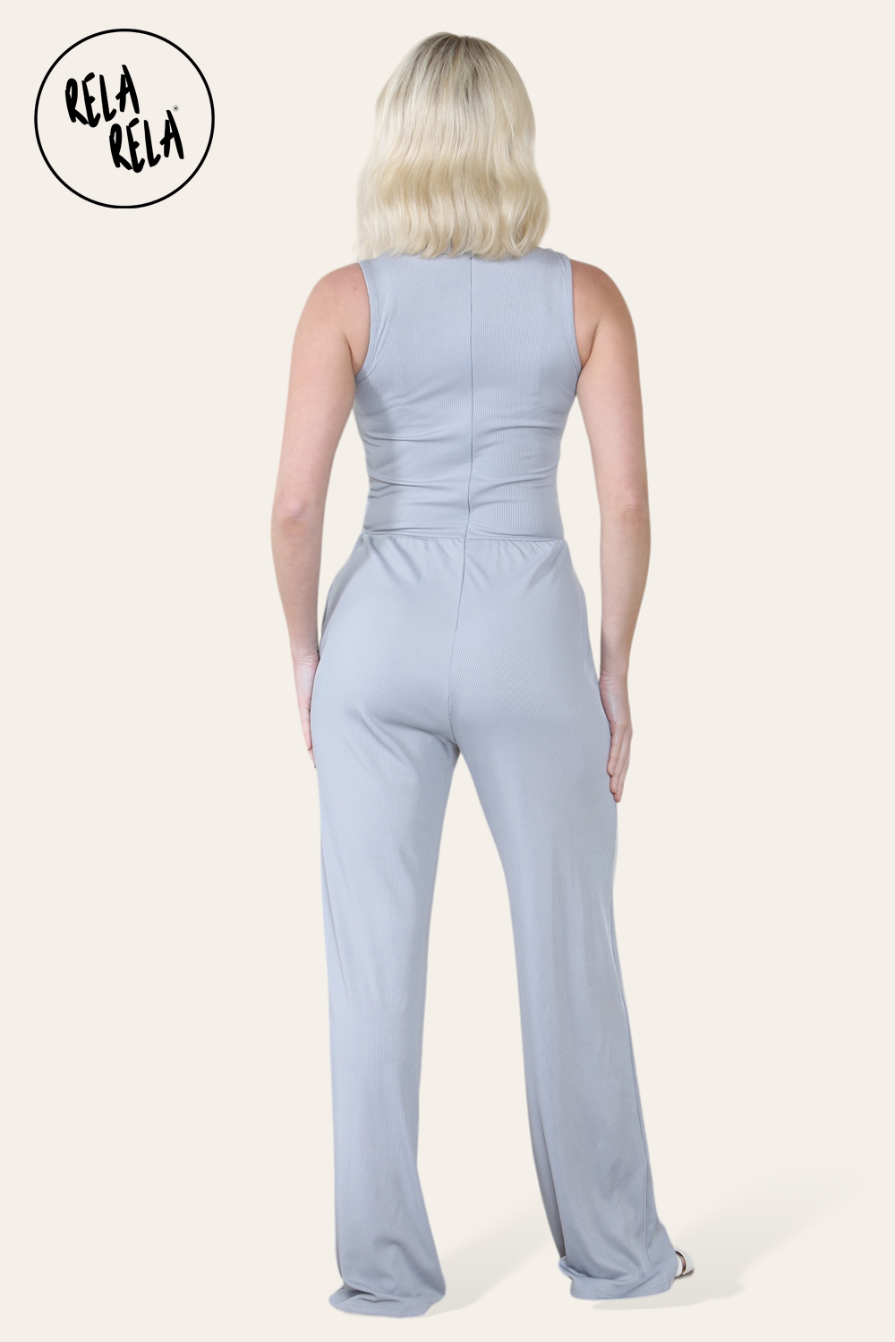 Solid Ribbed High Neck Wide Leg Sleeveless Jumpsuit in Grey