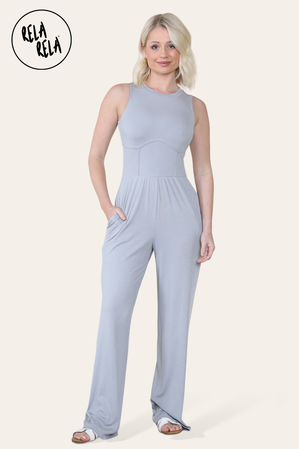 Solid Ribbed High Neck Wide Leg Sleeveless Jumpsuit in Grey