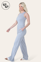 Solid Ribbed High Neck Wide Leg Sleeveless Jumpsuit in Grey