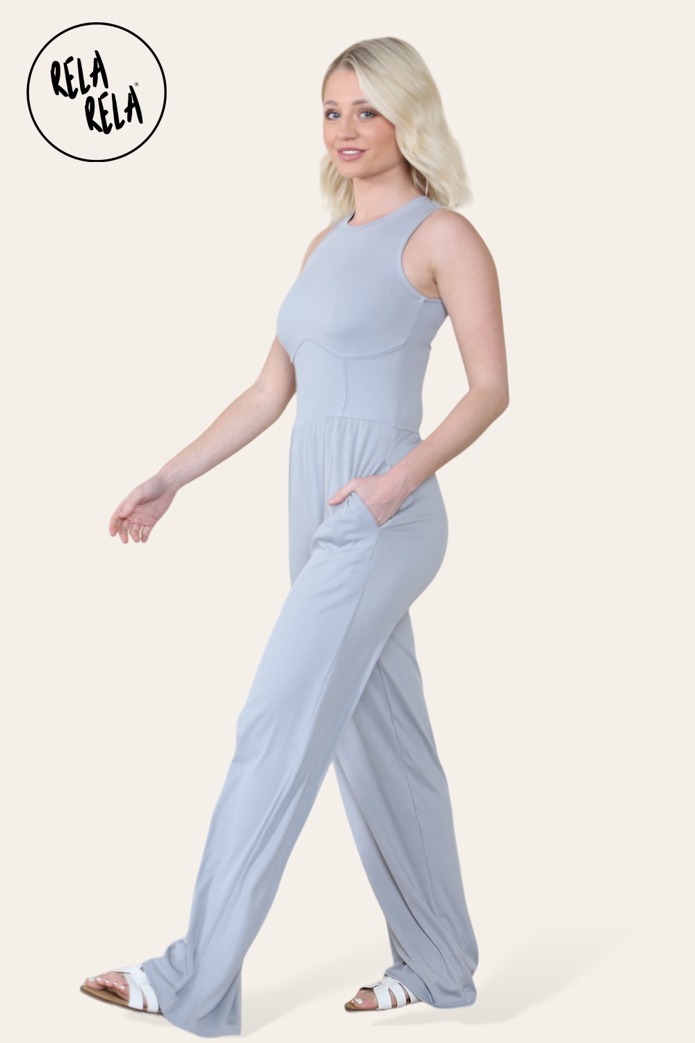 Solid Ribbed High Neck Wide Leg Sleeveless Jumpsuit in Grey