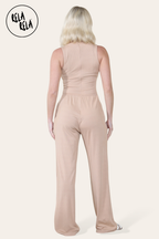 Solid Ribbed High Neck Wide Leg Sleeveless Jumpsuit in Camel