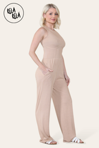 Solid Ribbed High Neck Wide Leg Sleeveless Jumpsuit in Camel