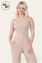 Solid Ribbed High Neck Wide Leg Sleeveless Jumpsuit in Camel
