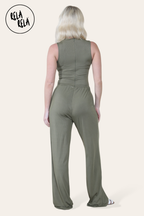 Solid Ribbed High Neck Wide Leg Sleeveless Jumpsuit in Khaki