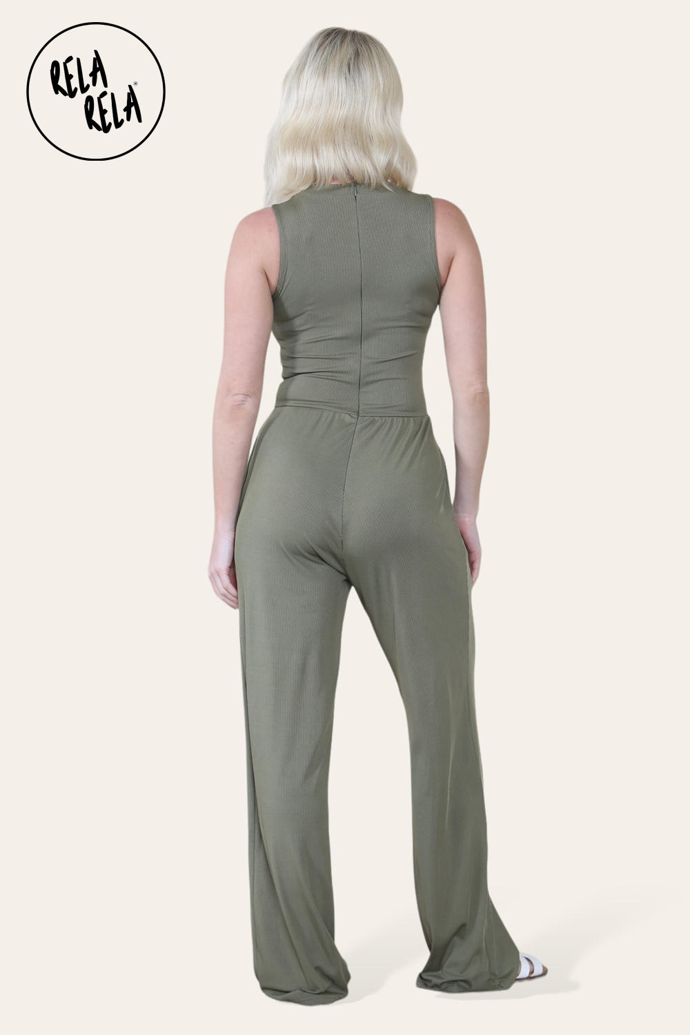 Solid Ribbed High Neck Wide Leg Sleeveless Jumpsuit in Khaki