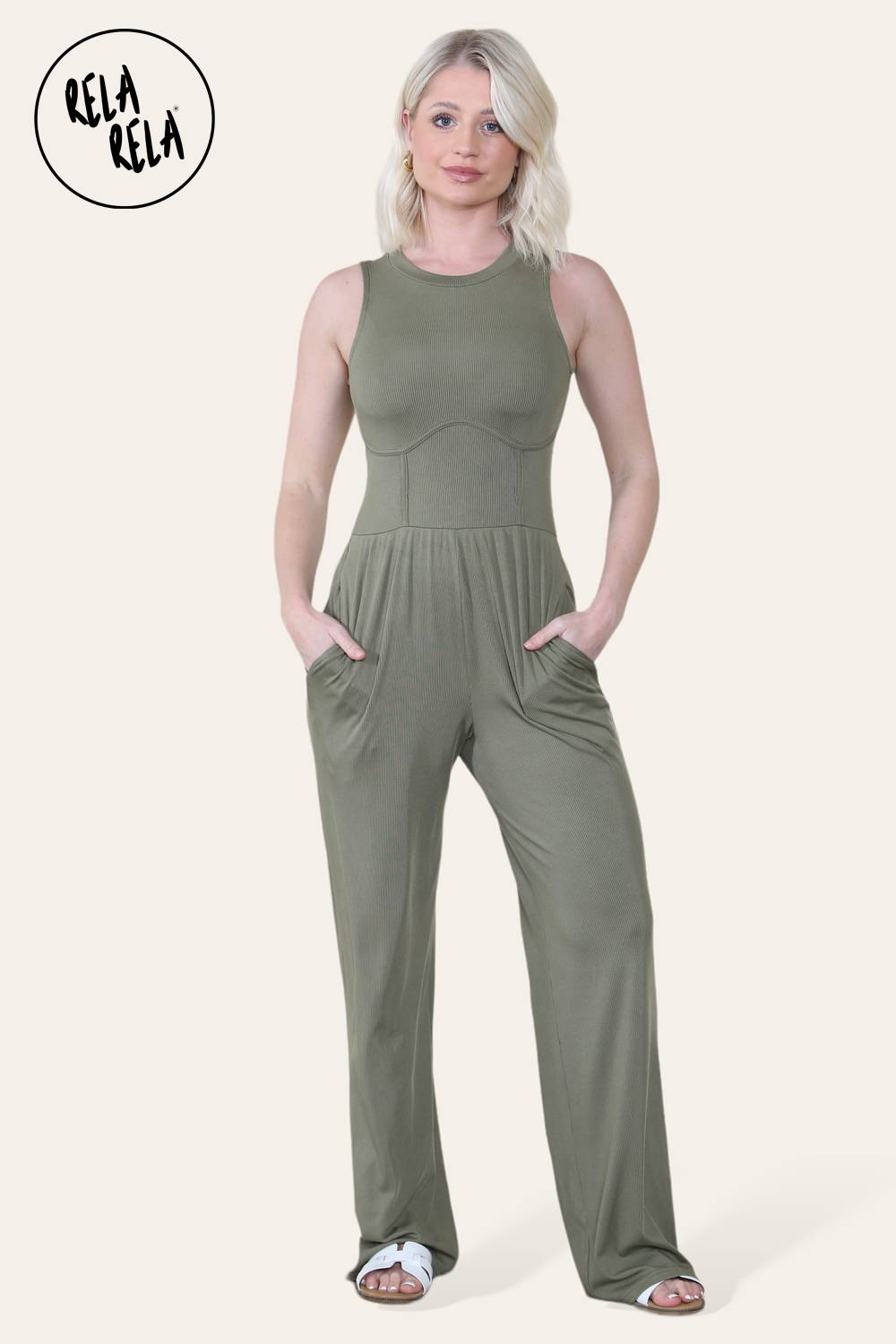 Solid Ribbed High Neck Wide Leg Sleeveless Jumpsuit in Khaki