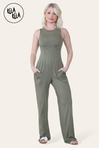 Solid Ribbed High Neck Wide Leg Sleeveless Jumpsuit in Khaki